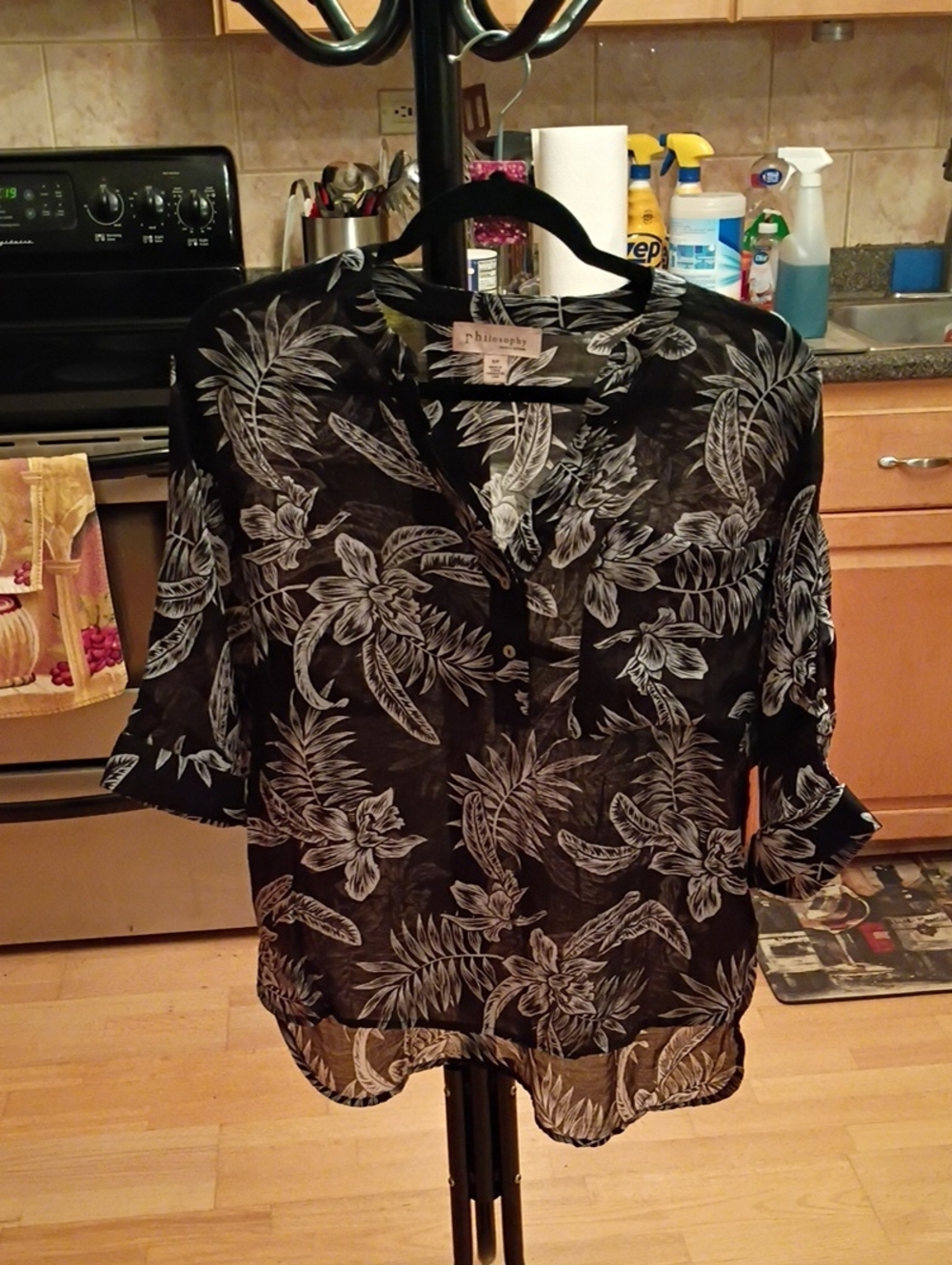 Philosophy Black Sheer Floral-Leaf Button Front Blouse High Low